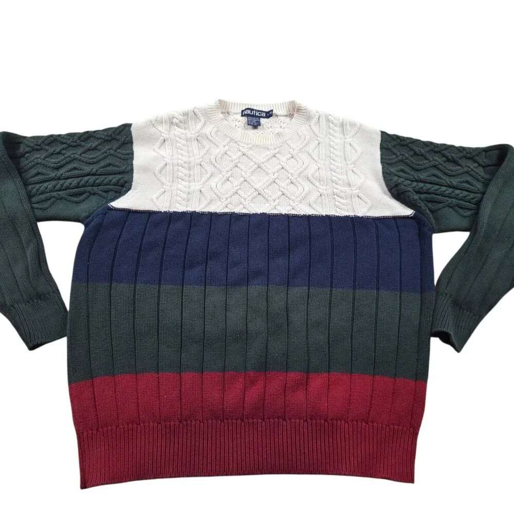 Nautica Sweater Mens Large Purple Colorblock 100% Cotton Casual Colorful Retro